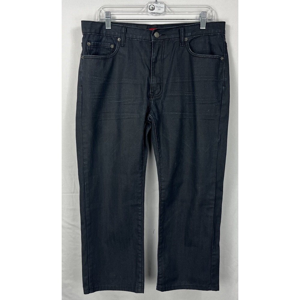 EUC Alfani Slim Straight Mens Coated Black Denim Jeans 35x24 Tailored Cropped